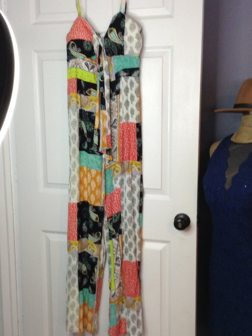 Privy Jumpsuit "L" Rayon Patchwork Boho Paisley Summertime Beach Chic Drop Waist
